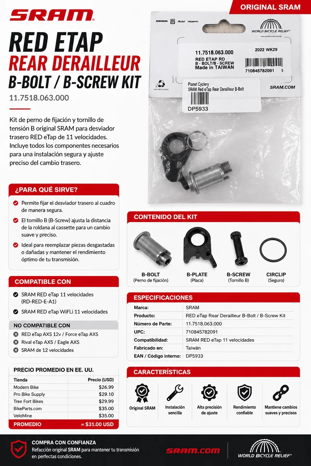 SRAM Red eTap Rear Derailleur B-Bolt B-Screw Kit Original 11.7518.063.000